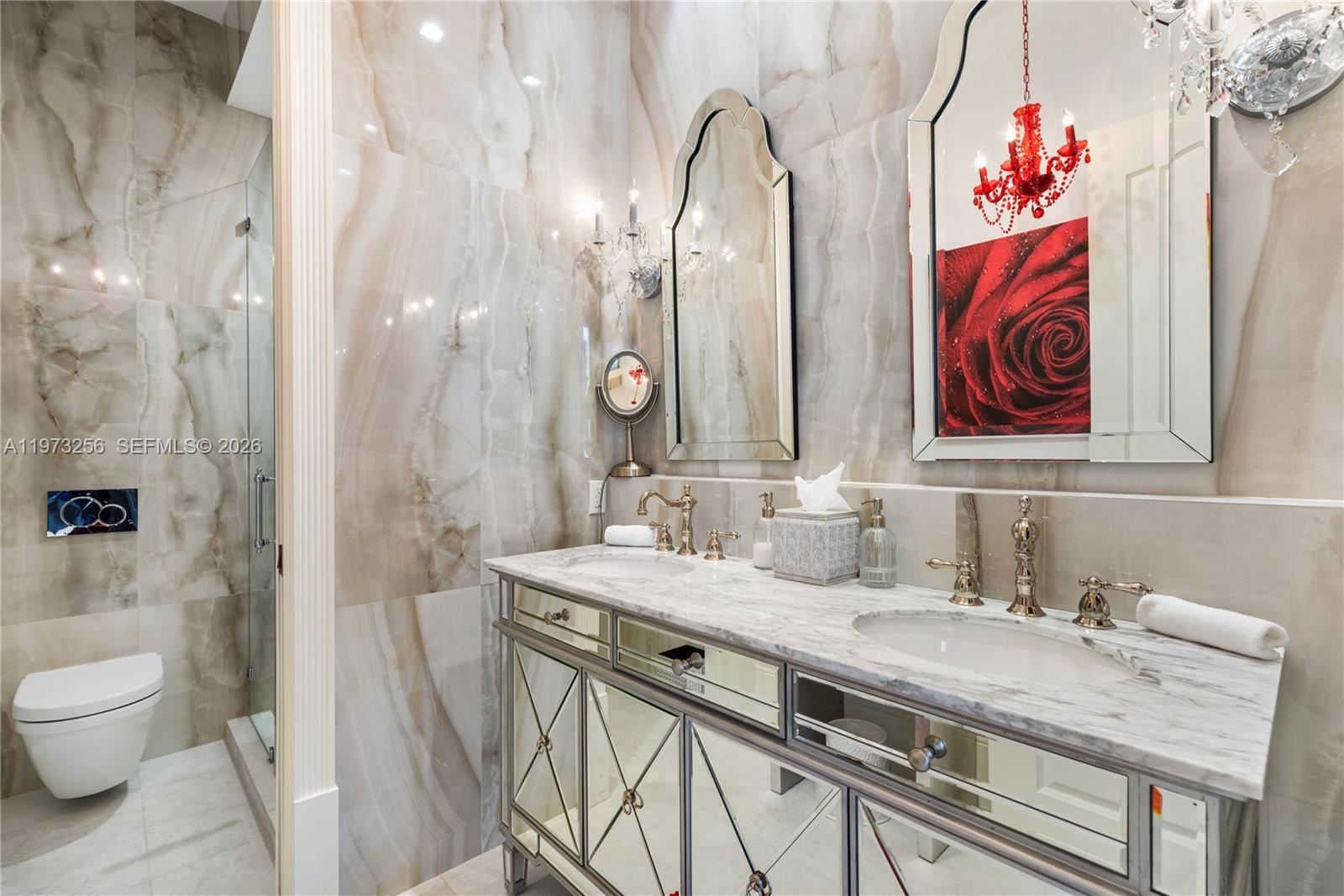 Baccarat-inspired lounge with ornate black seating