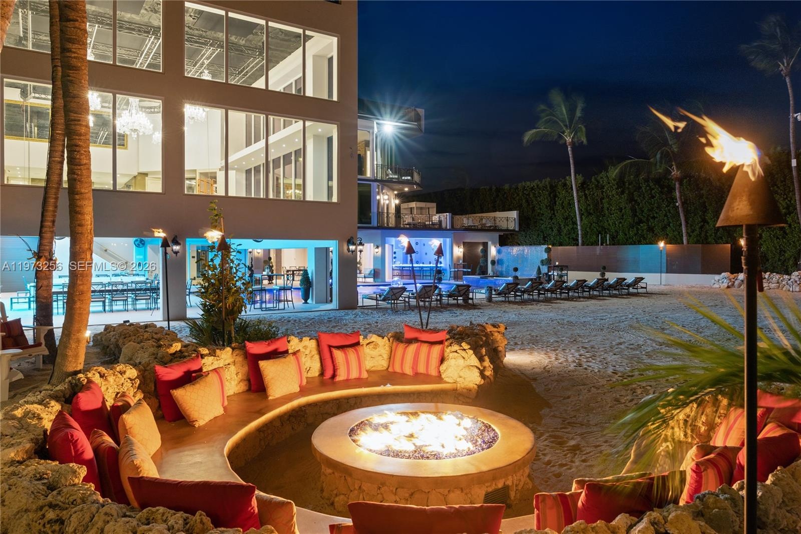 Estate grounds with palm-lined pathways